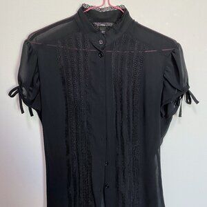 H&M Black Sheer Blouse, Short Sleeve with bows, button up, vertical lace, size 4